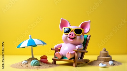 Humorous Pig Character Enjoying a Sunny Beach Vacation with Sunglasses and Umbrella