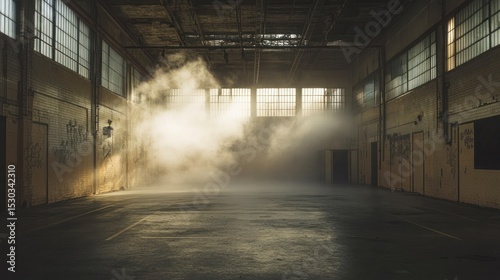 Mysterious Abandoned Warehouse Filled with Dust and Sunlight