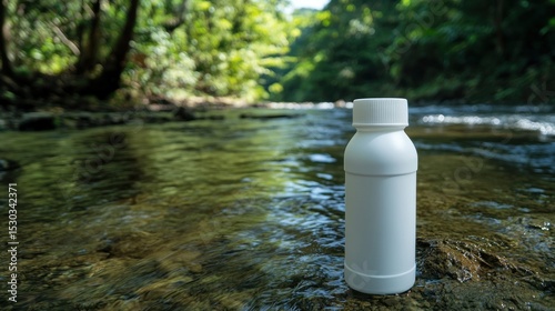 Pure Nature: A White Bottle by a Serene River in Lush Green Forest