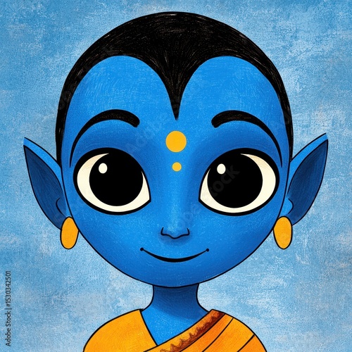 Close up Illustration of a Blue Skinned Character with Pointed Ears and Orange Robe