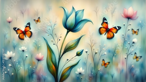 Dreamy Butterfly and Floral Meadow
A soft and ethereal illustration of butterflies fluttering among stylized flowers in a pastel-toned meadow.