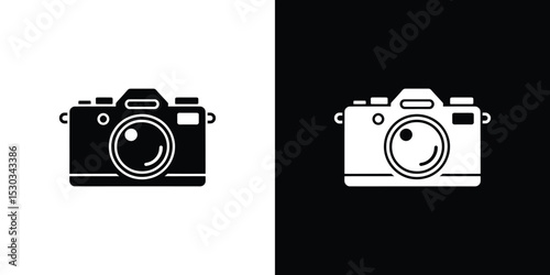 Digital Camera Icon Set Black Camera on White, White Camera on Black Backgrounds