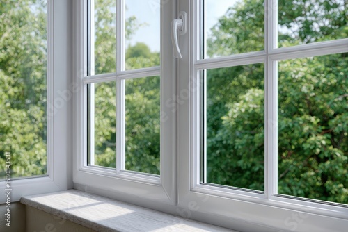 View through a paneled window with trees visible outside on a sunny bright day