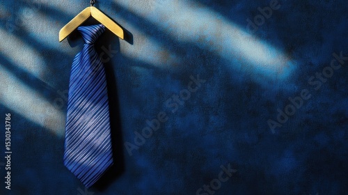 Blue Tie Hanging on Wooden Hanger Against a Dark Blue Wall