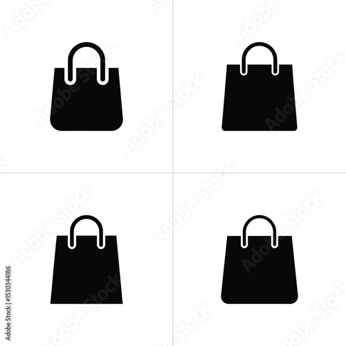 Four Black Shopping Bags on White Background with Symmetrical Arrangement for Ecommerce Design