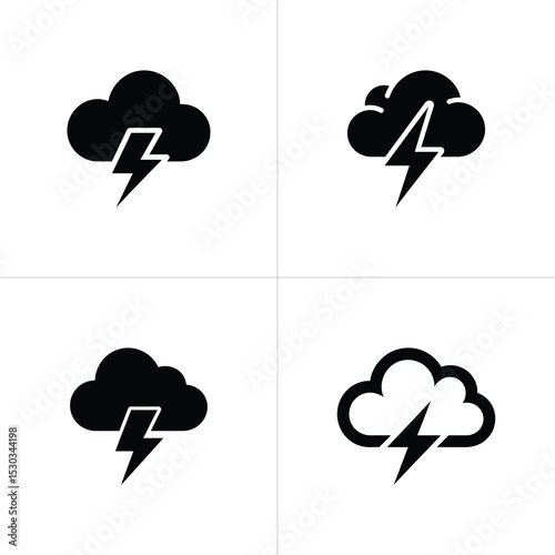 Four Black Storm Cloud Icon Variations with Lightening Bolt on White Background