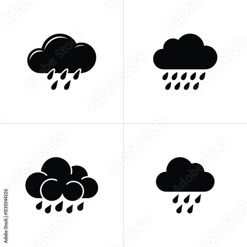 Four Panels Displaying Black and White Icons of Clouds with Varying Amounts of Rain