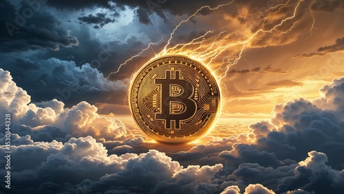 Bitcoin coin digital artwork representing decentralized blockchain ledger systems, virtual currency trading, and financial technology advancements