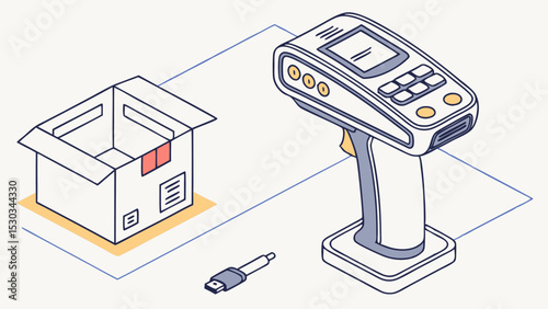 Illustration of a barcode scanner next to an open cardboard box and a usb cable on a light background