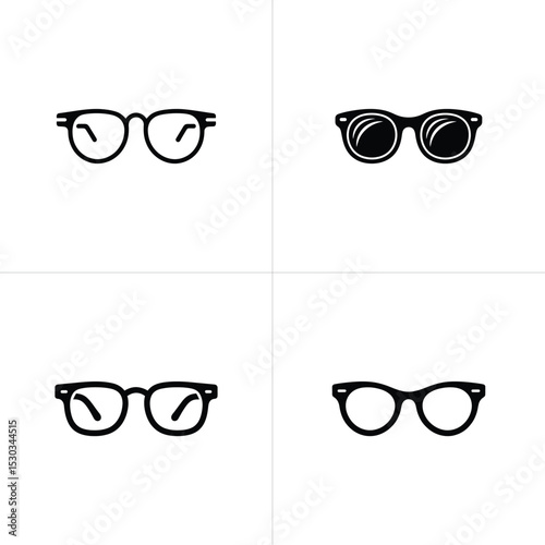 Grid of Four Black and White Eyeglasses Icons with Different Frame Styles