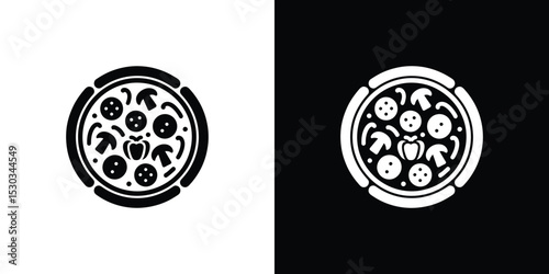 High Contrast Pizza Illustration Mushroom, Pepper, and Pepperoni Toppings on Black and White Background