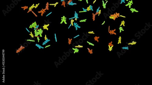 3d Yen icon Failling on black background. Yen sign Aniamtion 4k. Yen or Yuan symbol on black background. Multicolour yen currency sing failing down partical animation video