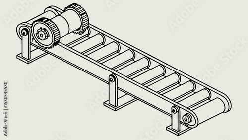 Illustration of a conveyor belt system with rollers and gears in a schematic drawing style design view