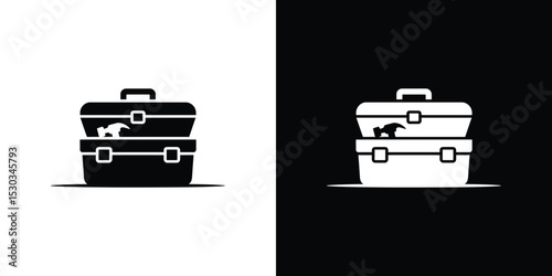 Isolated stacked toolboxes with hammer, black and white variations, illustration, contrasting backgrounds