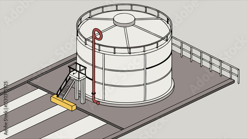 Isometric view of a large white storage tank with a red pipe and access stairs on a concrete platform