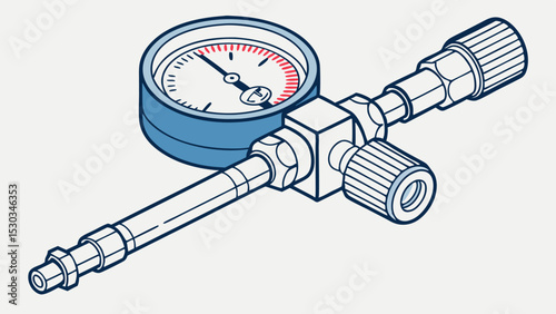 Illustration showcasing a pressure gauge connected to a valve system with detailed components showing