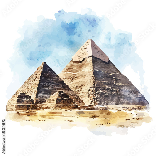 Egyptian Pyramids, watercolor clipart vector, isolated on a white background.