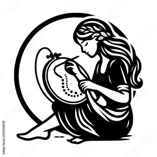 Young woman embroidering a pearl necklace design