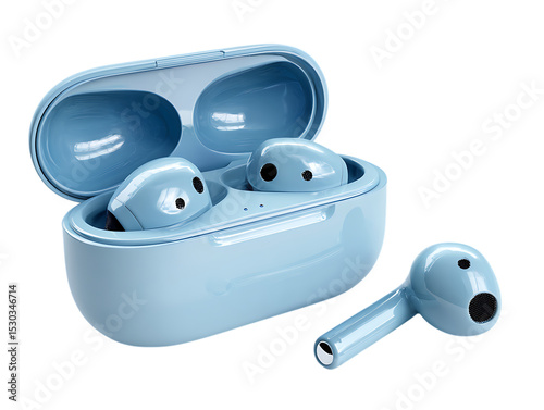 Trendy blue bluetooth earphones isolated in light