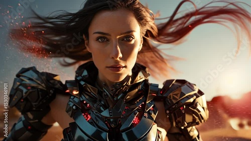 Action shot with woman in the sci-fi battle scene, superhero surrounded by sparkles. Dynamic scene in action movie blockbuster style