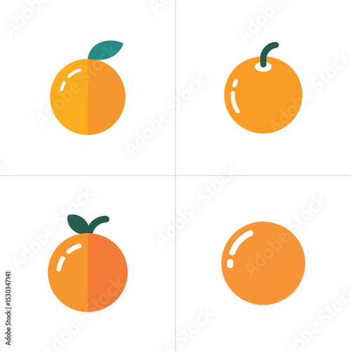 Orange Fruit Icons Graphics Depicting Fresh Oranges with Leaf and Stem Details Isolated on White