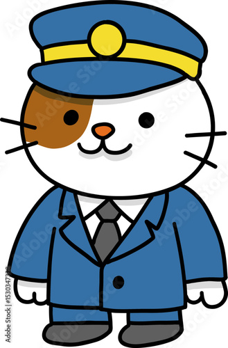 Hand drawn Cat and Career Doodle, Adorable cartoon cat in a police uniform with a cap.