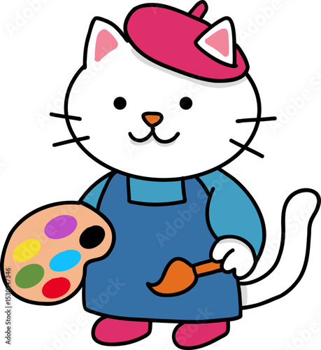 Hand drawn Cat and Career Doodle, Cute cartoon cat artist holding a palette and brush.