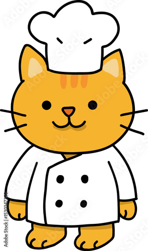 Hand drawn Cat and Career Doodle, Chef cat character wearing a white coat and hat.