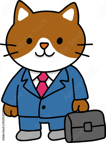 Hand drawn Cat and Career Doodle, Cartoon cat in a suit holding a briefcase.