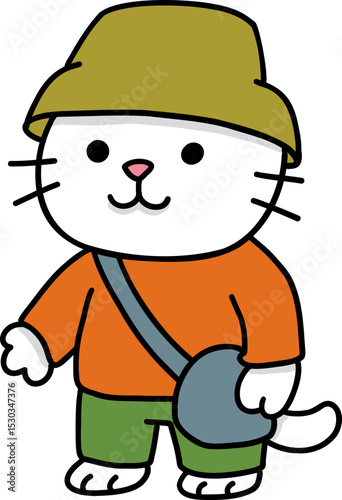 Hand drawn Cat and Career Doodle, Cute cartoon cat in casual outfit with hat and bag.