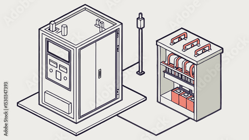 Isometric illustration of electrical control panels and a utility pole on a light background scene view