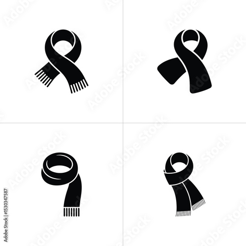 Set of Four Black and White Scarves with Fringe Silhouettes Isolated on White
