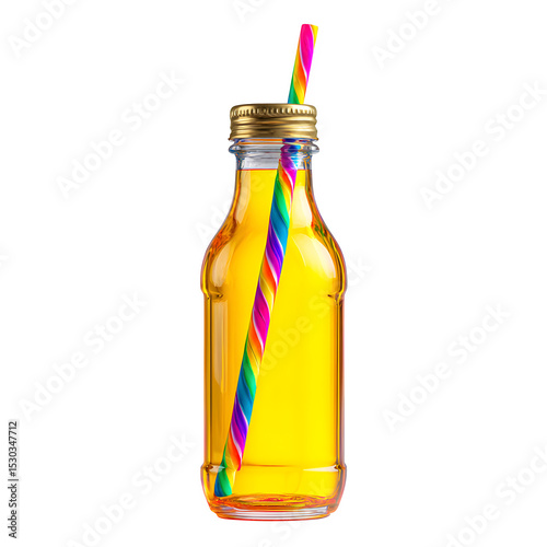 Glass bottle filled with yellow liquid and a colorful striped straw on a black background studio shot