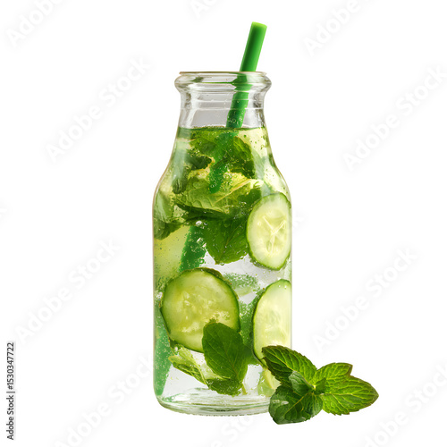 Refreshing cucumber and mint infused water in a glass bottle with a green straw on a black background
