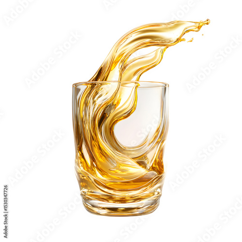 Golden liquid pouring into a clear glass with a black background creating dynamic splash patterns
