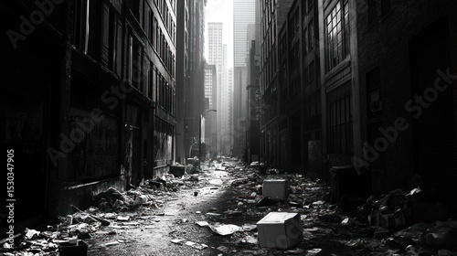 Post-Apocalyptic Alleyway: A Black and White Cityscape