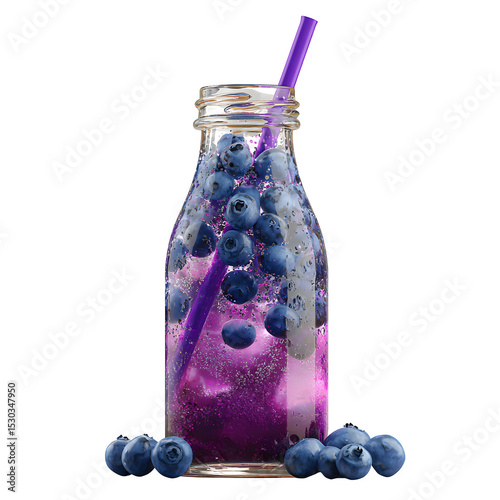 A clear glass bottle filled with blueberries and a purple liquid with a purple straw on a black background