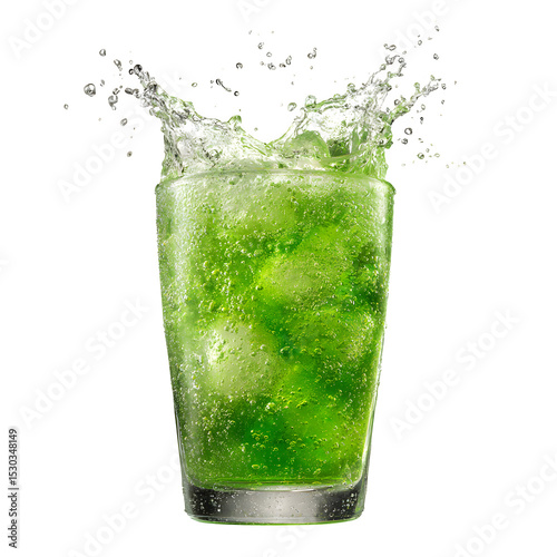A refreshing green drink with ice cubes in a tall glass creating a splash on a black background