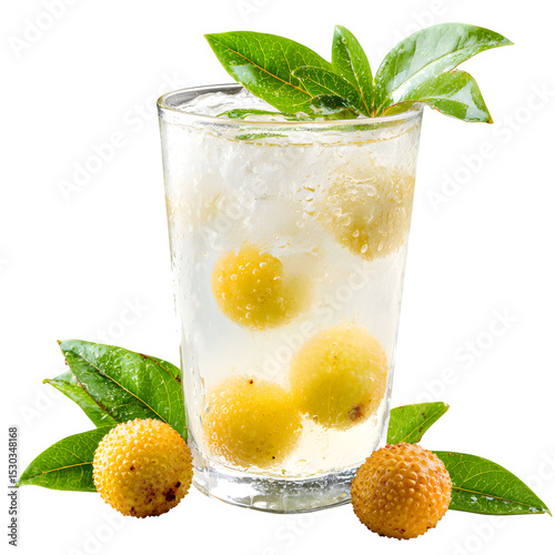 A refreshing lychee drink in a clear glass with ice and green leaves against a black background studio shot