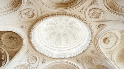 Vaulted ceiling with concentric circle design and elaborately carved arch frames blending traditional and Baroque styles.