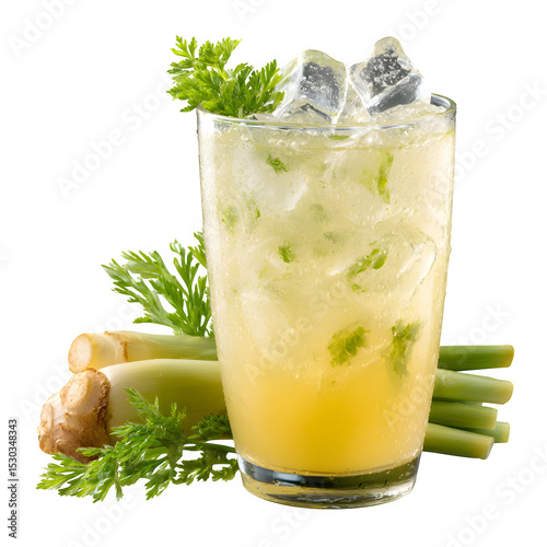 A refreshing drink with ice cubes and green garnish next to ginger and lemongrass on a black background