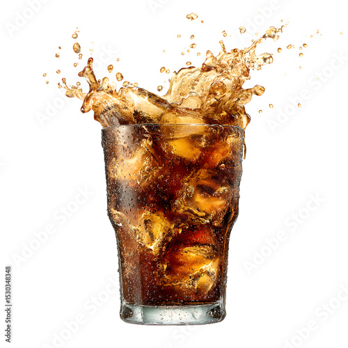 A glass filled with cola and ice cubes creating a splash against a stark black studio background shot