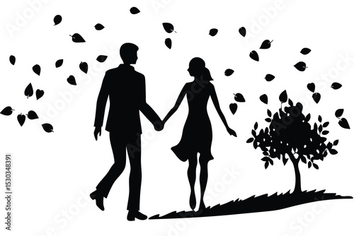 Silhouette couple holding hands walking autumn path