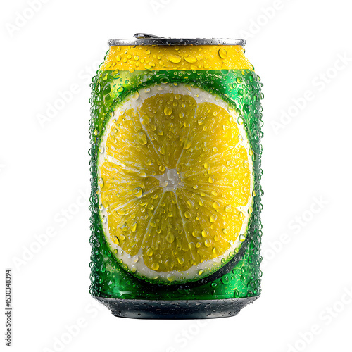 Close up of a refreshing lemon lime soda can covered in water droplets against a black background
