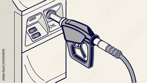 Illustration of a gas pump nozzle inserted into an oil dispenser at a filling station facility