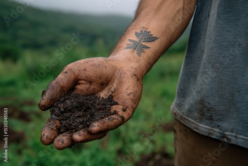 Hand holding a clump of dark earth with tattoo on arm against green field backdrop