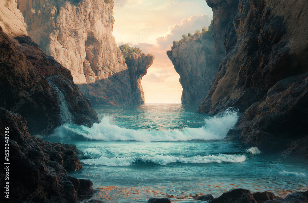 Obraz premium The rocks form a natural arch, the waves crash against it and spray splashing water in all directions.