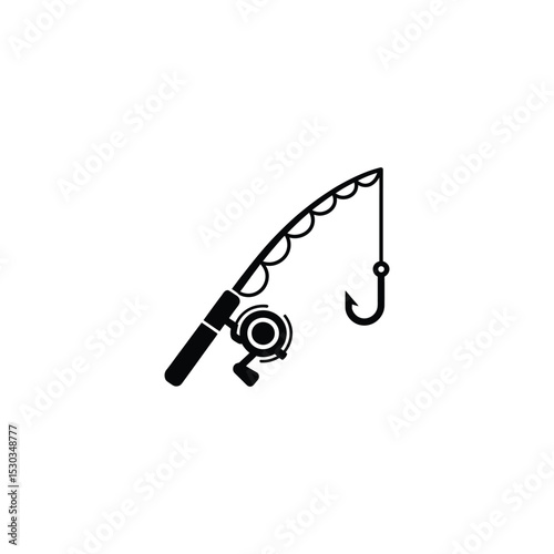 Simple Black and White Fishing Rod Illustration with Reel and Hook Silhouette