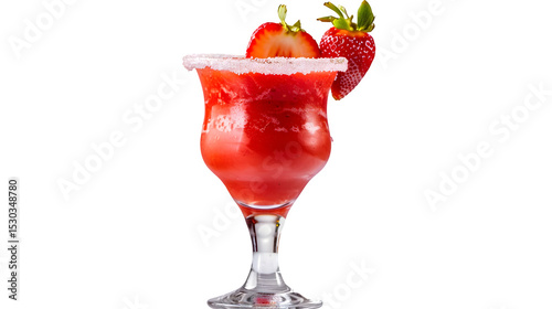 Close up of a strawberry margarita in a glass with a sugared rim and strawberry garnish on black