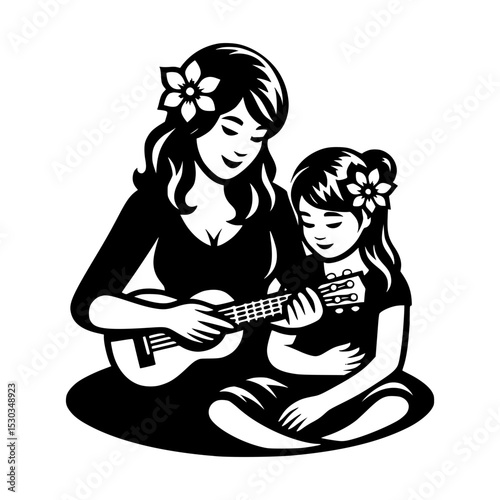 Mother and daughter playing ukulele together